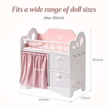 ROBOTIME Baby Doll Crib, Wooden Doll Bed, Toy Baby Crib with Storage, Bedding, and Wooden Hooks, Doll Crib Fits Dolls up to 21", Doll Furniture for American Girls Ages 3+ (Pink)
