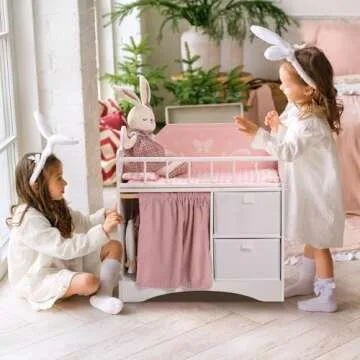 ROBOTIME Baby Doll Crib, Wooden Doll Bed, Toy Baby Crib with Storage, Bedding, and Wooden Hooks, Doll Crib Fits Dolls up to 21", Doll Furniture for American Girls Ages 3+ (Pink)