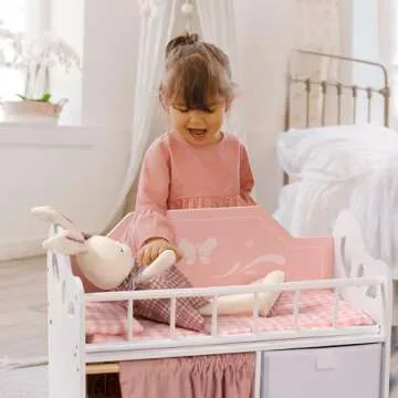 ROBOTIME Baby Doll Crib, Wooden Doll Bed, Toy Baby Crib with Storage, Bedding, and Wooden Hooks, Doll Crib Fits Dolls up to 21", Doll Furniture for American Girls Ages 3+ (Pink)