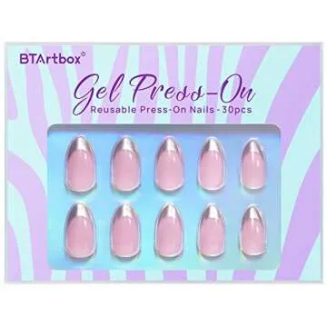 French Tip Press On Nails - BTArtbox 30 PCS Almond Fake Nails, Fit Perfectly & Natural Reusable Silver Outline Soft Gel Nails with Nail Glue and Jelly Glue in 16 Sizes, Rock Me