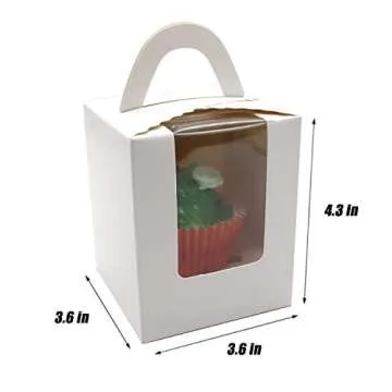 50 Pcs White Paper Cupcake Gift Boxes with Window & Handle for Parties