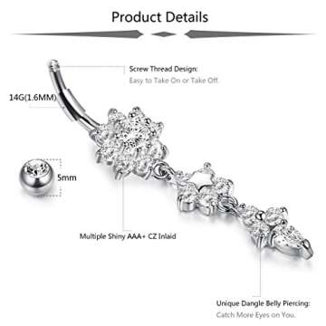 JOERICA 3Pcs 14G 316L Stainless Steel Belly Button Rings for Women Flower CZ Dangle Belly Button Rin...