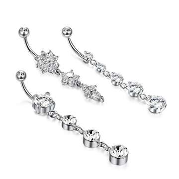 JOERICA 3Pcs 14G 316L Stainless Steel Belly Button Rings for Women Flower CZ Dangle Belly Button Rings Navel Piercing Jewelry