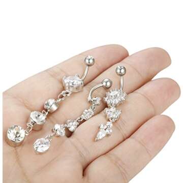 JOERICA 3Pcs 14G 316L Stainless Steel Belly Button Rings for Women Flower CZ Dangle Belly Button Rings Navel Piercing Jewelry