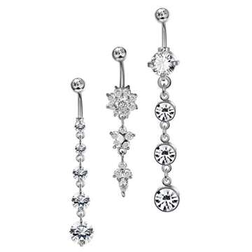 JOERICA 3Pcs 14G 316L Stainless Steel Belly Button Rings for Women Flower CZ Dangle Belly Button Rings Navel Piercing Jewelry