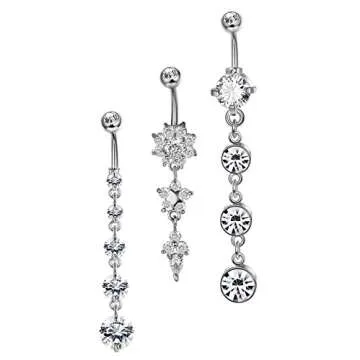 JOERICA 3Pcs 14G 316L Stainless Steel Belly Button Rings for Women Flower CZ Dangle Belly Button Rings Navel Piercing Jewelry