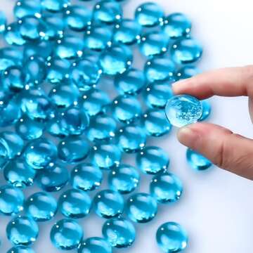 CYS EXCEL Light Blue Glass Gemstone Beads Vase Fillers (1 LB) Flat Marble Beads Multiple Color Choices Aquarium Decor Rocks Floral Stones Decorative Mosaic Glass Gem Pebbles (Approx. 85~100 PCS)