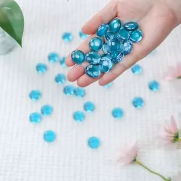 CYS EXCEL Light Blue Glass Gemstone Beads Vase Fillers (1 LB) Flat Marble Beads Multiple Color Choices Aquarium Decor Rocks Floral Stones Decorative Mosaic Glass Gem Pebbles (Approx. 85~100 PCS)