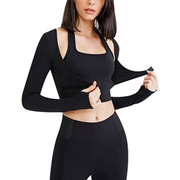 Gihuo Long Sleeve Crop Top Workout Women Athletic Yoga Running Cropped Tops Slim Fit Sport Gym Shirts Black