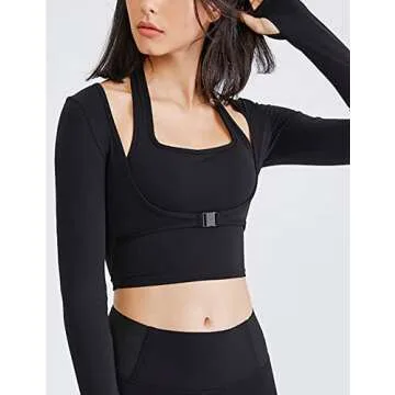 Gihuo Long Sleeve Crop Top Workout Women Athletic Yoga Running Cropped Tops Slim Fit Sport Gym Shirts Black