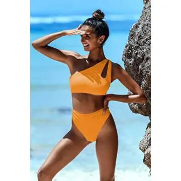 HyMeYou Women One Shoulder Bikini High Waisted Cutout Crop Top Swimsuit Sports Two Piece Padded Push Up High Cut Bathing Suit