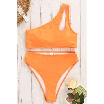 HyMeYou Women One Shoulder Bikini High Waisted Cutout Crop Top Swimsuit Sports Two Piece Padded Push Up High Cut Bathing Suit