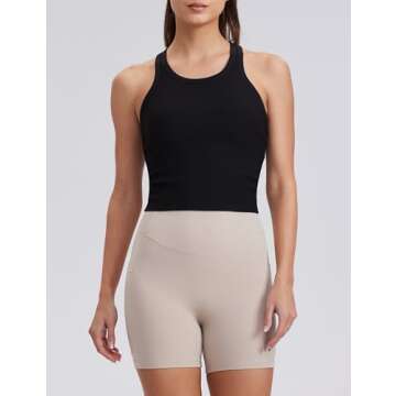 ENERBLOOM Workout Crop Tank Tops for Women Yoga Shirts Sleeveless Ribbed Racerback Cream Feeling Mild Support Build in Bra Black X-Large