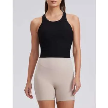 ENERBLOOM Workout Crop Tank Tops for Women Yoga Shirts Sleeveless Ribbed Racerback Cream Feeling Mild Support Build in Bra Black X-Large