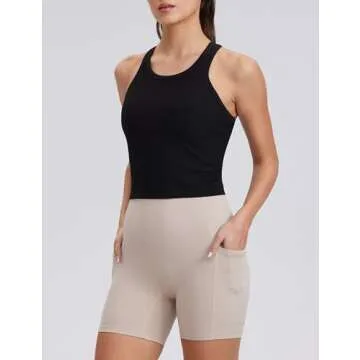 ENERBLOOM Workout Crop Tank Tops for Women Yoga Shirts Sleeveless Ribbed Racerback Cream Feeling Mild Support Build in Bra Black X-Large