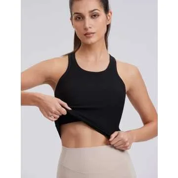 ENERBLOOM Workout Crop Tank Tops for Women Yoga Shirts Sleeveless Ribbed Racerback Cream Feeling Mild Support Build in Bra Black X-Large