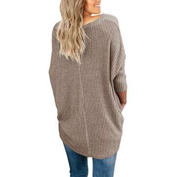 IWOLLENCE Womens Loose Henley Blouse Bat Wing Long Sleeve Button Down T Shirts Tie Front Knot Tops Khaki, L