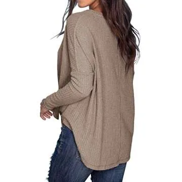 IWOLLENCE Womens Loose Henley Blouse Bat Wing Long Sleeve Button Down T Shirts Tie Front Knot Tops Khaki, L