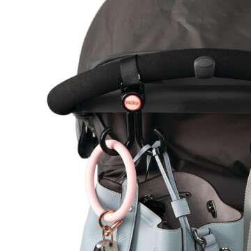 Nuby 2-in-1 Deluxe Adjustable Baby Stroller & Car Seat Hooks for Hanging Bags, Toys- Hang or Remove Items from Hooks with one Hand/ 2 Pack – 8 Pack, Black