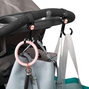 Nuby 2-in-1 Deluxe Adjustable Baby Stroller & Car Seat Hooks for Hanging Bags, Toys- Hang or Remove Items from Hooks with one Hand/ 2 Pack – 8 Pack, Black
