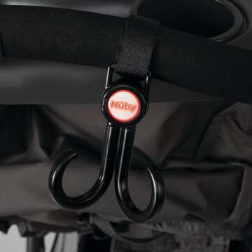 Nuby 2-in-1 Deluxe Adjustable Baby Stroller & Car Seat Hooks for Hanging Bags, Toys- Hang or Remove Items from Hooks with one Hand/ 2 Pack – 8 Pack, Black