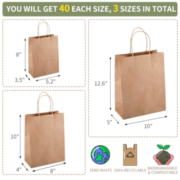 TOMNK 120pcs Kraft Paper Gift Bags with Handles  Assorted Sizes