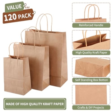 TOMNK 120pcs Kraft Paper Gift Bags with Handles  Assorted Sizes