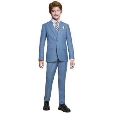 Marvelous World Boys Suits Blue Gray Slim Fit Size 10 Formal Suits for Kids Toddler Tuxedos Dresswear Ring Bearer Outfit Boys' Wedding Suits Set Dress Clothes Teen Youth 5-Piece Adjustable Waist