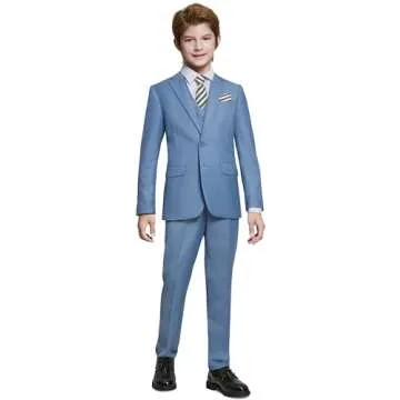 Marvelous World Boys Suits Blue Gray Slim Fit Size 10 Formal Suits for Kids Toddler Tuxedos Dresswear Ring Bearer Outfit Boys' Wedding Suits Set Dress Clothes Teen Youth 5-Piece Adjustable Waist