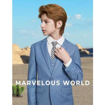 Marvelous World Boys Suits Blue Gray Slim Fit Size 10 Formal Suits for Kids Toddler Tuxedos Dresswear Ring Bearer Outfit Boys' Wedding Suits Set Dress Clothes Teen Youth 5-Piece Adjustable Waist