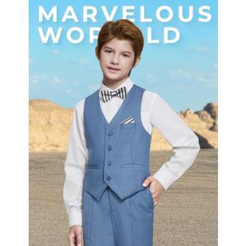 Marvelous World Boys Suits Blue Gray Slim Fit Size 10 Formal Suits for Kids Toddler Tuxedos Dresswear Ring Bearer Outfit Boys' Wedding Suits Set Dress Clothes Teen Youth 5-Piece Adjustable Waist