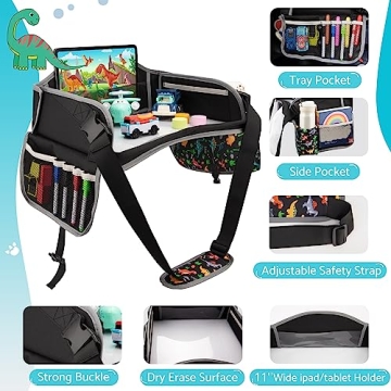 Blissful Diary Travel Tray for Kids Car Seat, Toddler Road Trip Essentials with Drawing Kit, Carseat Tray for Children Travel, Road Trip Must Haves for Kids, Black