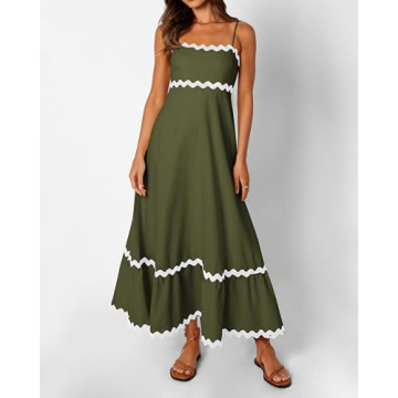 dowerme Women Summer Dresses 2024 Spaghetti Straps Sleeveless Smocked Rickrack Trim Boho Flowy Loose A-Line Midi Dress