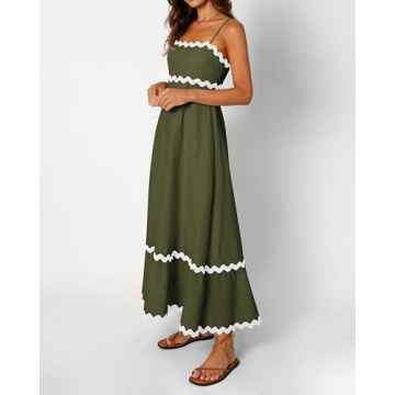 dowerme Women Summer Dresses 2024 Spaghetti Straps Sleeveless Smocked Rickrack Trim Boho Flowy Loose A-Line Midi Dress