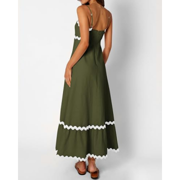dowerme Women Summer Dresses 2024 Spaghetti Straps Sleeveless Smocked Rickrack Trim Boho Flowy Loose A-Line Midi Dress