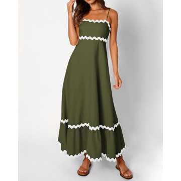 dowerme Women Summer Dresses 2024 Spaghetti Straps Sleeveless Smocked Rickrack Trim Boho Flowy Loose A-Line Midi Dress