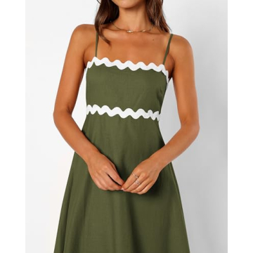 dowerme Women Summer Dresses 2024 Spaghetti Straps Sleeveless Smocked Rickrack Trim Boho Flowy Loose A-Line Midi Dress