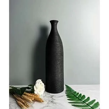 Modern Black Ceramic Vase, 13.3 inch Small Narrow Neck Vases, Ceramic Flower Vases Decorative, Fireplace, Table Decor, Modern Farmhouse Decor Vase