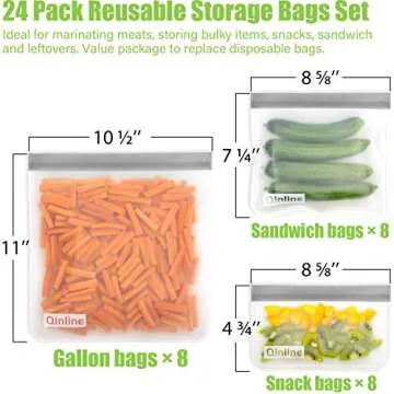 Qinline 24 Pack Reusable Food Storage Bags - Eco-Friendly