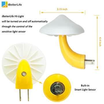 iBetterLife Mushroom Sensor LED Night Light - Plug-in 7 Color Changing Mushroom Lamp, Mini Dream Bed Cute Colourful Nightlight for Adults Kids for Bedroom, Bathroom, Stairs, Hallway Corridor