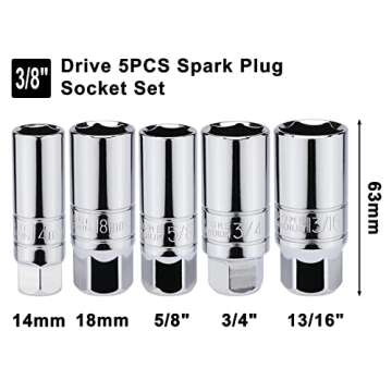 Mayouko 5PCS 3/8 Inch Drive Spark Plug Socket Set, Metric&SAE, CR-V, 5/8 Inch, 3/4 Inch, 13/16 Inch, 14MM, 18MM