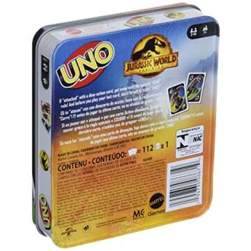 Mattel Games UNO Jurassic World Dominion Card Game, Movie-Inspired Deck with Dinosaur Graphics in Collectible Storage & Travel Tin for Kids, Fans, Adults & Family Nights