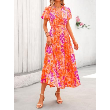 2024 Floral Maxi Dress Women Boho Summer V Neck Puff Sleeves