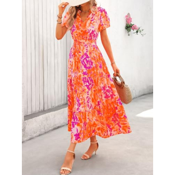 2024 Floral Maxi Dress Women Boho Summer V Neck Puff Sleeves