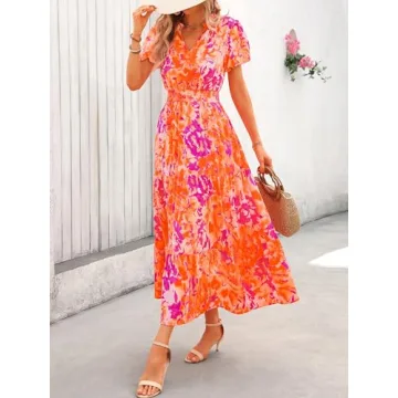 2024 Floral Maxi Dress Women Boho Summer V Neck Puff Sleeves