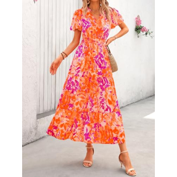 2024 Floral Maxi Dress Women Boho Summer V Neck Puff Sleeves