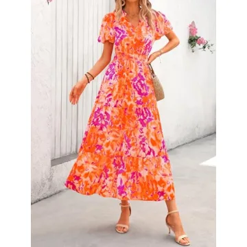 2024 Floral Maxi Dress Women Boho Summer V Neck Puff Sleeves