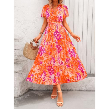 2024 Floral Maxi Dress Women Boho Summer V Neck Puff Sleeves