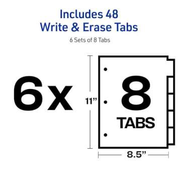 Avery Big Tab Write & Erase Dividers for 3 Ring Binders, 8-Tab Set, Multicolor Divider Tabs, Great for Organizing Projects, Reports, Finances, and More (6-Pack of 23079)
