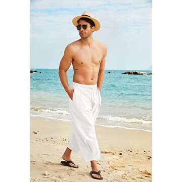 COOFANDY Men's Linen Beach Pants - Casual Drawstring Harem Trousers